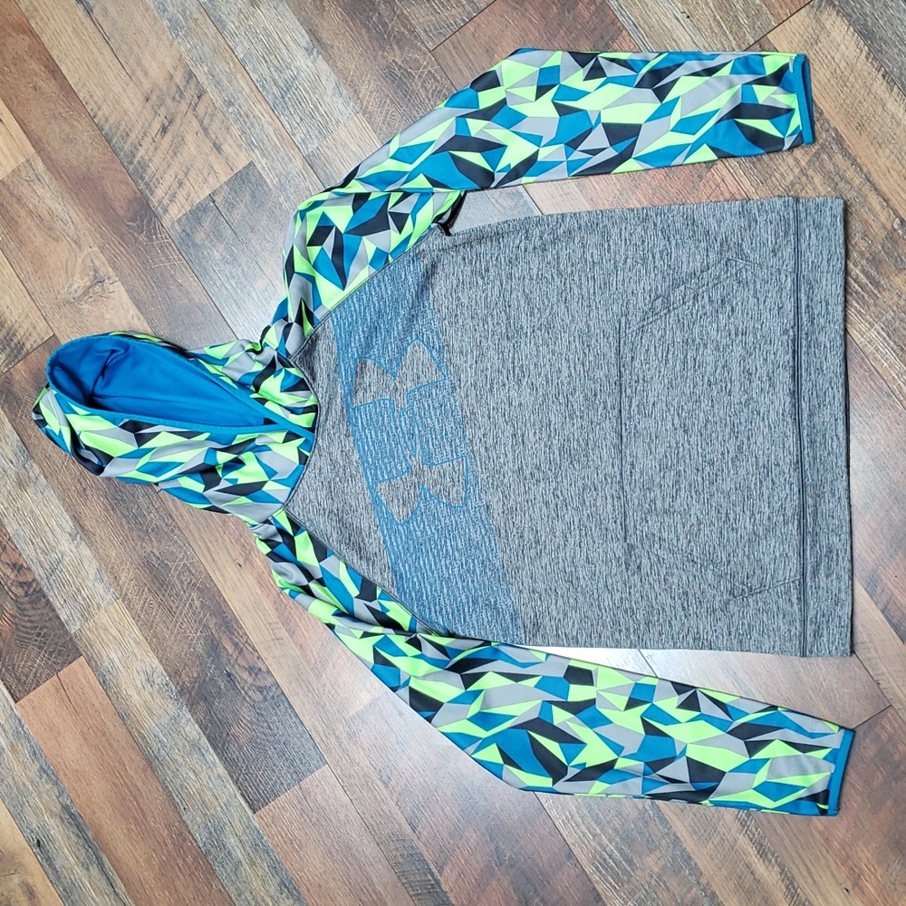 Under Armour Gray, Blue, and Green Loose Cold Gear Storm Hoodie, Size Youth XL